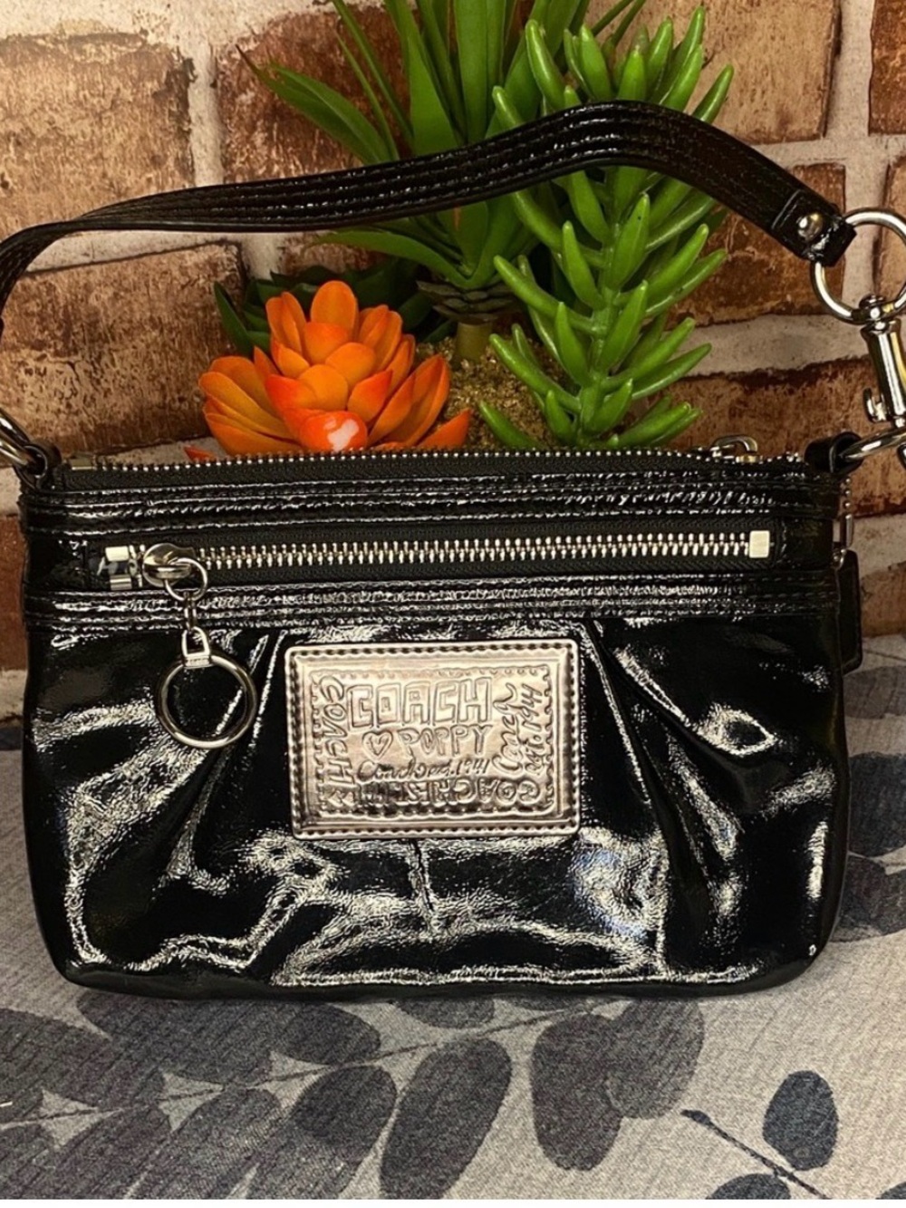 Black Coach Poppy Patent Leather Wristlet with Silver Accents